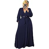 Plus Size Women's 2 Piece Outfits Casual Long Sleeve Wrap Crop Top Maxi Long Dress Flowy Matching Sets