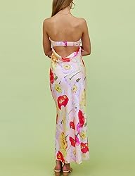 Realtix Summer Satin Print Backless Tube Tops Maxi