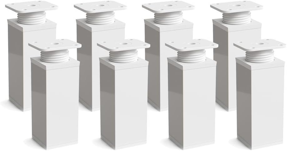 sossai® Design Furniture feet MFV1 | Height Adjustable | Set of 8 | Square Profile: 40 x 40 mm | Color: White | Height: 120mm (+ 20mm) | Material: Aluminum | High Quality Wood Screws Included