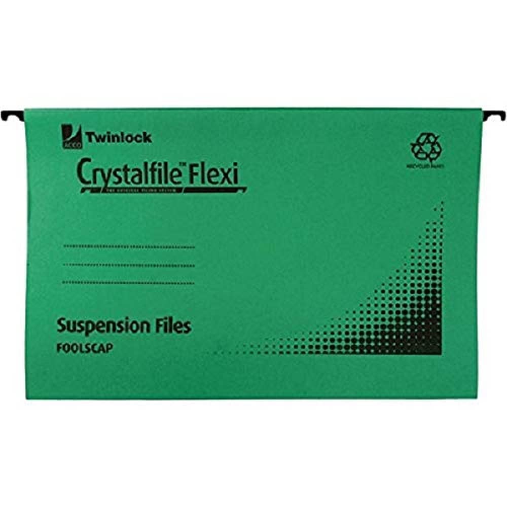 Rexel Foolscap Suspension Files with Tabs and Inserts for Filing Cabinets, 15 mm V-base, Manilla, Green, Crystalfile Flexifile, Pack of 50, 3000040