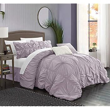 Chic Home CS1441-AN Halpert Floral Pinch Pleat Ruffled Designer Embellished Queen Comforter Set, 6-Piece, Lavender