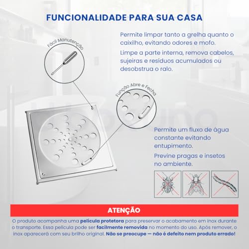 Ralo Grelha Quadrada Tampa Ralo 15x15cm Com Caixilho Ralo Banheiro Com Porta Grelha Abre e Fecha Anti Odor Em Aço Inox 430 Polido Resistente à Corrosão