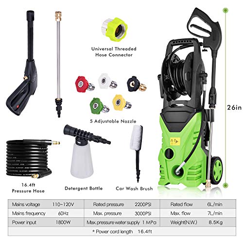 Tagorine Electric Pressure Washer, 3000PSI 1.8GPM Power Washer with 5 Quick-Connect Nozzle,Longer Cables and Hoses and Detergent Tank,for Cleaning Cars, Houses Driveways, Patios,and More (Green)