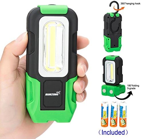 SUNZONE Portable LED Work Light 200 Lunens Magnetic Base with Hanging Hook COB Flashlight Lamp Battery Included Flood Light For Car Repairing Outdoor Camping Fishing Hiking and Emergency (Green)