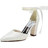 Jotwry Satin Wedding Shoes for Bride Block Heel Bridal Shoes Pointed Toe Pearl Wedding Heels