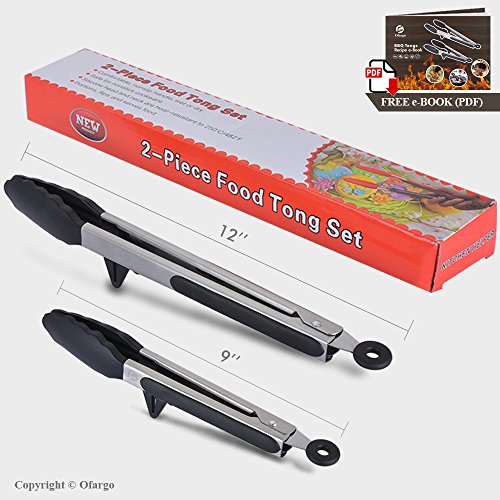 Kitchen Tongs, Ofargo Non-Stick Cooking Tongs Stainless Steel, Serving Gadgets with Heat Resistant Silicone Tips Stands Locking Clip Food-Grade for BBQ Grill Kitchen (9"+12" 2-Pack, Black)