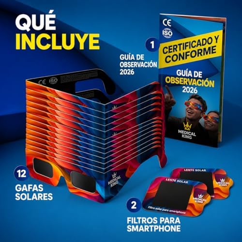 12 Gafas Eclipse Solar Homologadas ISO 12312-2 - Paquete de 12 Con 2 Lentes Fotográficos Para Smartphone Aprobados según la norma ISO, con certificación CE: Gafas para ver eclipses solar 2026