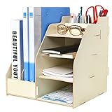 Wood Board Desktop Organizer Rack w/ 2 Document, Magazine Slots, Shelf & Office Supply Holder, Beige