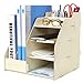 Wood Board Desktop Organizer Rack w/ 2 Document, Magazine Slots, Shelf & Office Supply Holder, Beige