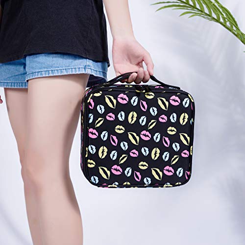 Lip Print Makeup Bag,Goldwheat Portable Travel Makeup Train Case Cosmetic Bag Organizer with Adjustable Compartment Brush Holder - Thumbnail 6