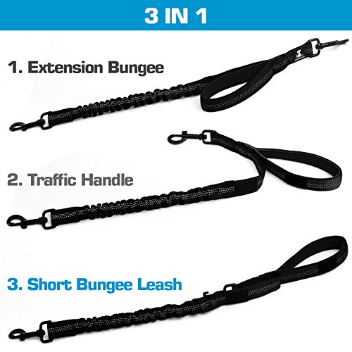 3 in 1 Short Dog Leash - Shock-Absorbing Bungee with Padded Handle that Can Be Used as Elastic Attachment for Your Regular Leash, Control Handle, or Traffic Leash – Suitable for Medium and Large Dogs