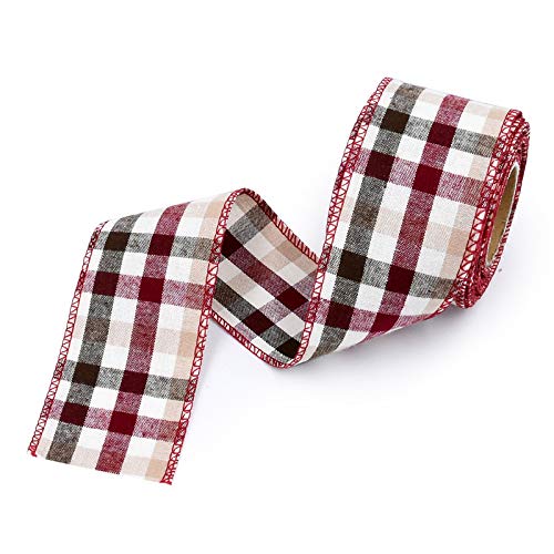 ANCLLO 5M Plaid Ribbon Wired Edge Gingham Ribbon for St Patrick's Day Decoration and Bows Craft (Red)