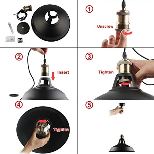 GALYGG Industrial Pendant Lighting, Metal Shade Ceiling Hanging Light Fixtures, for Kitchen Island - Outside Black Inside White, 3 Pack (Included 4W Edison Bulb) - Thumbnail 7