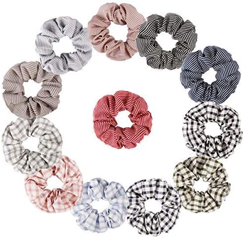 Jaciya 12 Pcs Cotton Scrunchies Striped Hair Scrunchies Hair Bow Chiffon Hair Ties Ponytail Holder for Women, 12 Assorted Colors