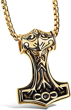 Norse Jewelry Thor Hammer Mjolnir Viking Amulet Pendant Necklace in Stainless Steel (gold-plated-base)