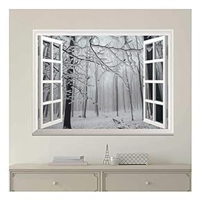 Modern White Window Looking Out Into a Snowed in Forest - Wall Mural, Removable Sticker, Home Decor - 36x48 inches