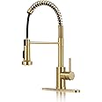 DJS Kitchen Faucets with Pull Down Sprayer Brushed Gold -【High Arc】 Single Handle 1 or 3 Holes Spring Kitchen Sink Faucet with Deck Plate for Farmhouse RV Vessel Basin