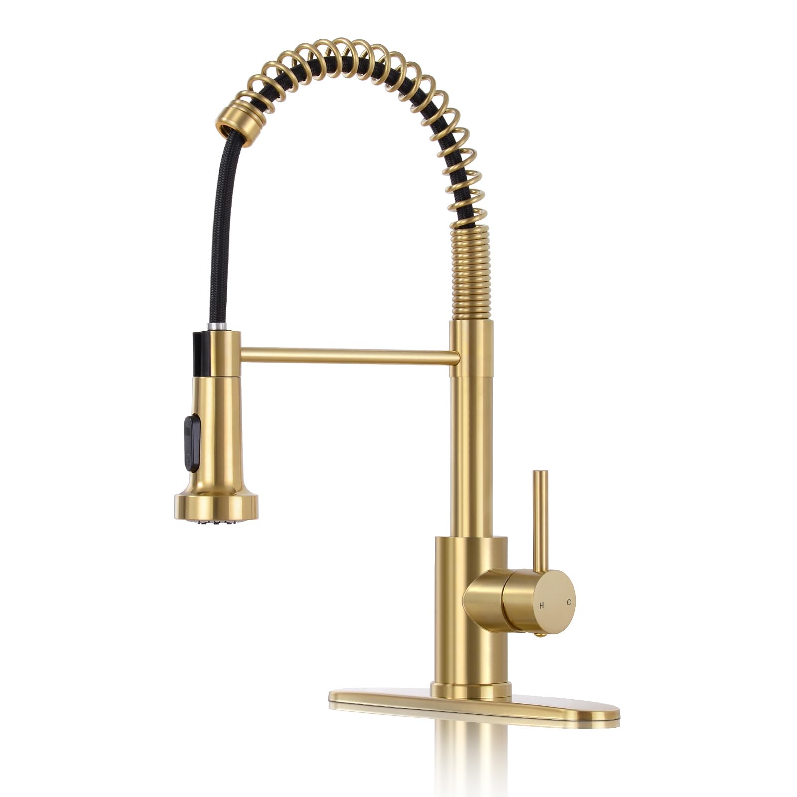 Photo 1 of DJS Kitchen Faucets with Pull Down Sprayer Brushed Gold High Arc Single Handle 1 or 3 Holes Spring Kitchen Sink Faucet with Deck Plate for Farmhouse RV Vessel Basin