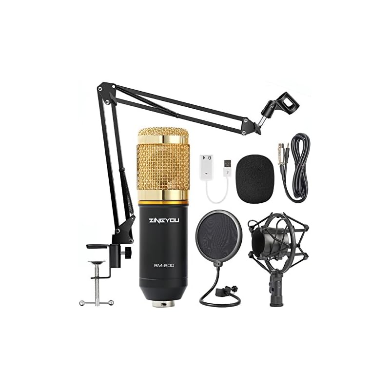 ZINGYOU Condenser Microphone Bundle, BM-800 Mic Kit with Adjustable Mic Suspension Scissor Arm, Metal Shock Mount and Double-layer Pop Filter for Studio Recording & Broadcasting (Gold)