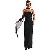 ZGMYC Women's Elegant Strapless Wedding Guest Dress with Scarf Sheer Long Gloves Sexy Ruched Bodycon Maxi Dress