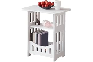 Narrow Side Table Night Stand, White PVC Plastic End Table with Display Shelf, Compact Bookcase Unit for Bedroom Living Room 