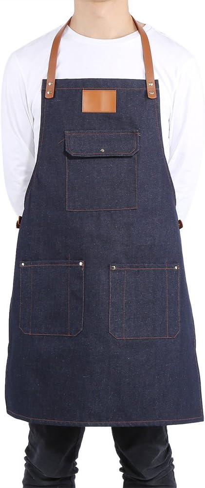 Zerodis Denim Apron, Heavy Duty Bib Apron with Adjustable Leather Strap for BBQ, Chef, Restaurant, Crossed Straps Comfortable Work 3 Pockets for Men Women, Unique Holder Spoon Pen