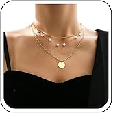 Allereyae Vintage Layered Coin Disc Necklace Coin Pendant Necklace Gold Station Pearl Necklace Layering Coin Choker Necklace Jewelry for Women