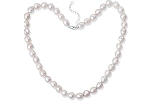 BAMIKI Baroque Pearl Strand Necklace - 8-9.5MM Cultured Pearls, 925 Sterling Silver Clasp, Timeless Anniversary or Mother's Day Gift, 18+2IN Adjustable Chain, Elegant Options in Black, Grey, or White