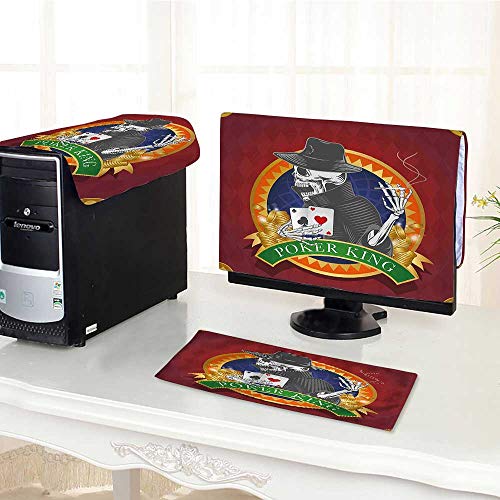 Auraisehome dust Cover for Computer 3 Pieces Background with Dead Skeleton Poker King Gambler Vegas Smart Game Graphic Multicolor Suit Computer dust Cover /18"