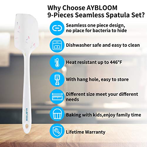 Aybloom Silicone Spatula Set - 9 Pieces Heat Resistant & Non-Stick with Stainless Steel Core Spatula Kitchen Utensils Set for Cooking, Baking and Mixing (9, Candy Grains White)