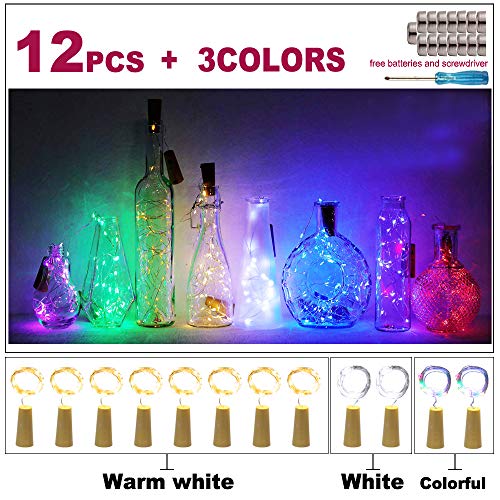 APONUO Wine Bottle Lights with Cork 12 Packs, 20 LED 6.5ft Battery Operated LED Cork Shape Silver Copper Wire Colorful Mini String Lights for DIY, Party,Wedding and Indoor Decorations (Multi Color)