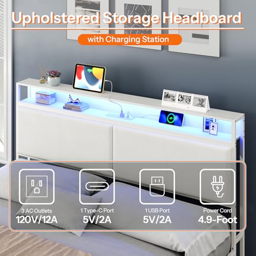 HOOBRO Full Bed Frame, Metal Platform Bed Frame with Charging Station and LED Light, Headboard with Shelves, No Box Springs Needed, White WT03UDBF01