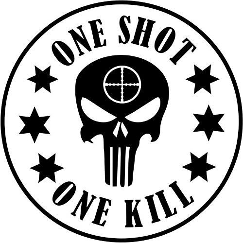 One Shot One Kill Punisher Gun Weapon Decal Sticker Car Motorcycle Truck Bumper Window Laptop Wall DÃ©cor Size- 6 Inch Wide White Color
