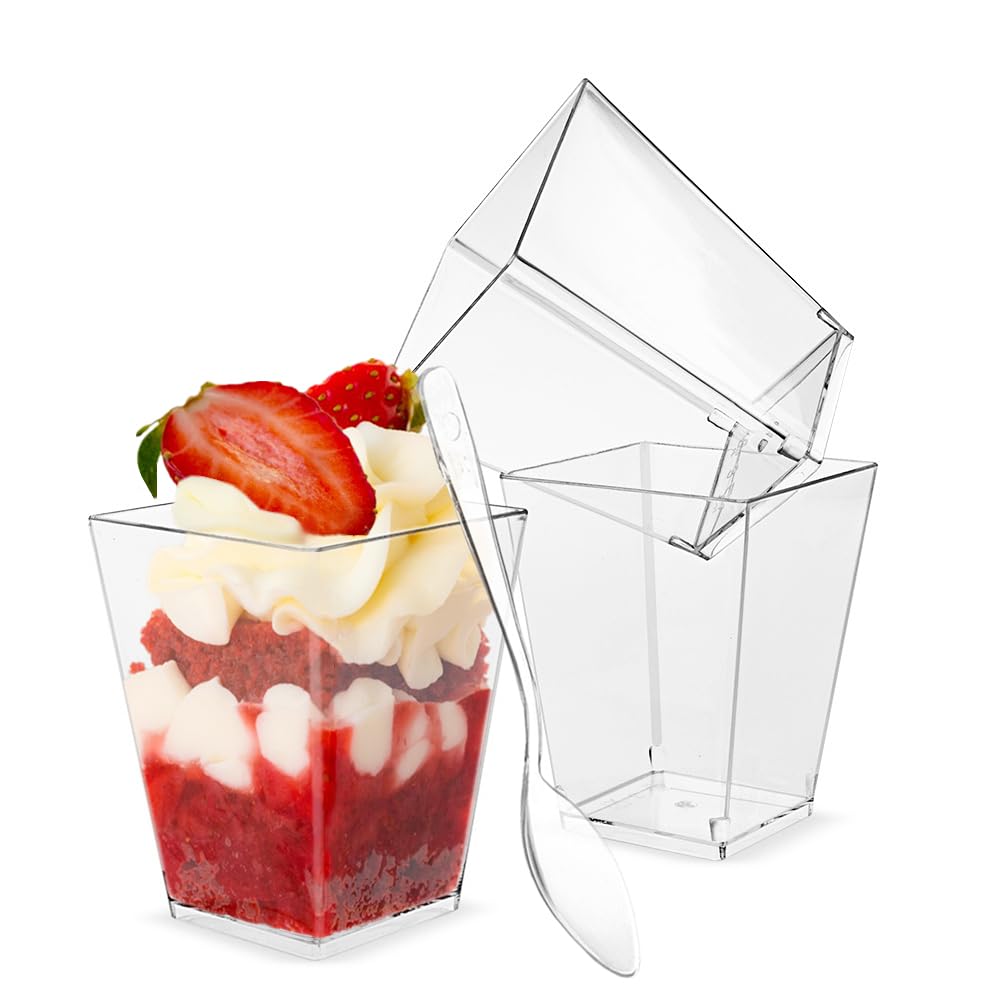 Photo 1 of TOFLEN 100 Pack 5 oz Square Mini Dessert Cups with Spoons Clear Plastic Dessert Shooter Cups for for Party, Yogurt, Parfait, Cheesecake, Pudding, Jello and Appetizers