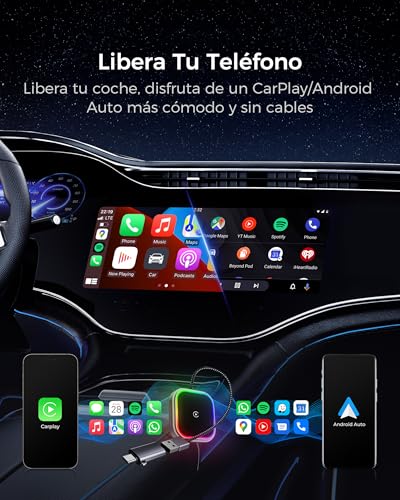 WityEye Wireless CarPlay and Android Auto Adapter with RGB Ambient Light, Dual Core WiFi to 5.8GHz, Bluetooth V5.3, Fast and Stable, for Apple iPhone iOS 10+, Android 11+ Smartphone