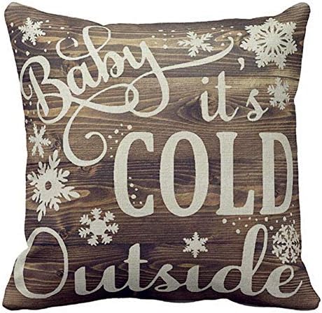 Asamour Vintage Xmas Quotes with Snowflake Cotton Linen Throw Pillow Case Home Decorative Cushion Cover for Sofa Couch Bedding 18x18 Inches (Baby It’s Cold Outside A)