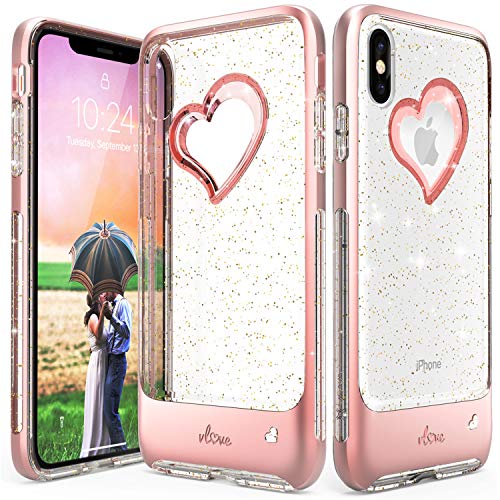 iPhone Xs Max Case, Vena [vLove] Gold Glitter Bling Heart Case Cover Slim Dual Layer Protection Compatible with Apple iPhone Xs Max - Rose Gold/Clear