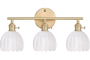 Shenmoyl Bathroom Light Fixtures, 3-Light Brass Vanity Wall Light Over Mirror with White Tulip Glass Shade for Bedroom Living Room (Bulb Not Included)