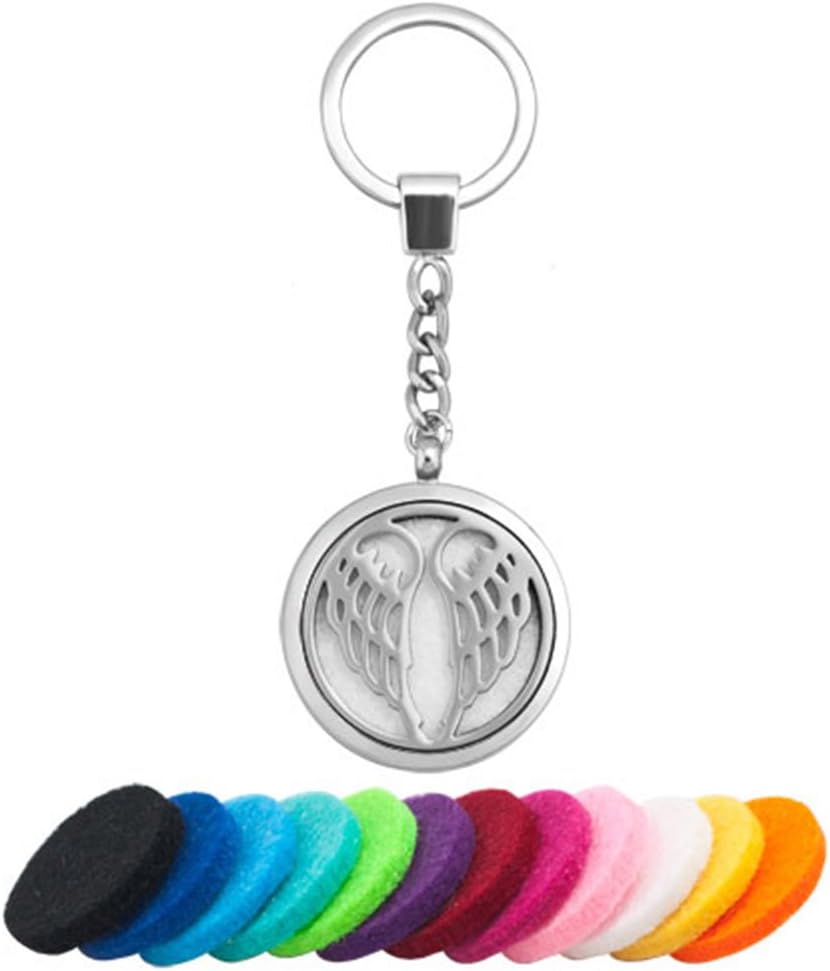 ThirdTimeCharm Aromatherapy Essential Oil Diffuser Locket Keychain Stainless Steel Key Ring Jewelry, 12 Refill Pads (Angel Wing)