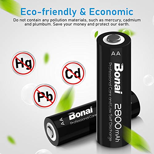Bonai 4 Packs 2800mAh AA Rechargeable Batteries 1.2V NiMH Low Self