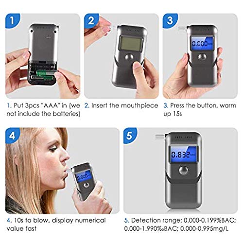Breathalyzer, Portable Breath Alcohol Tester with LED Screen 3 Colors LCD Display and 5 Mouthpieces