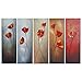 Wieco Art Floral Oil Paintings on Canvas Wall Art Ready to Hang for Living Room Bedroom Home Decor 5 Panels Red Petals Modern 100% Hand Painted Stretched and Framed Contemporary Flowers Artwork