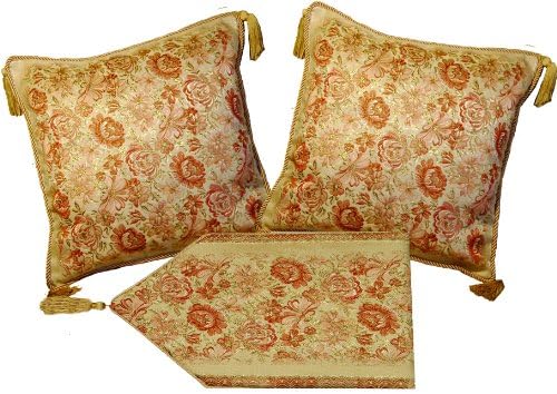 Aubusson Style 2 Cushion/pillow Cover 18"x18" Cornered with 4 Tassels+ Table Runner 60"x12" Embroidered with Intricate Golden Threads 03G Set of 3