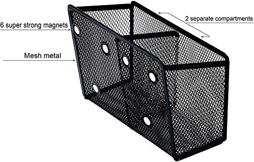 Black Wire Magnetic Pencil Holder - 2 Generous Compartments Magnetic Storage Basket Organizer - Extra Strong Magnets - to Hold Whiteboard, Refrigerator, Locker Accessories