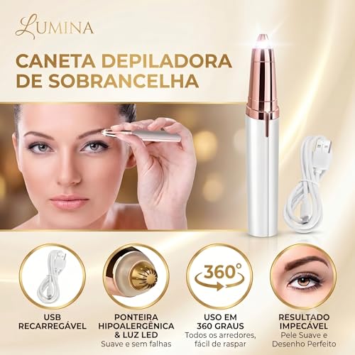 Lumina - Caneta Depiladora de Sobrancelha, Nariz e Buço Elétrica Profissional, Removedora de Pelos Faciais Indolor com Luz LED, Portátil e Recarregável via USB - Depiladora de Alta Precisão