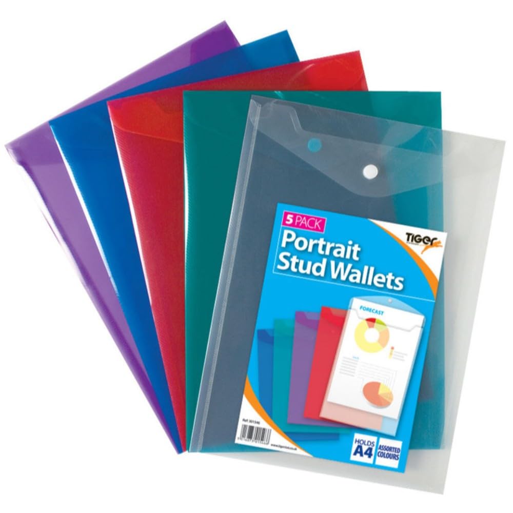 Tiger 5 x Portrait A4+ Coloured Stud Press Wallets Plastic Document Envelope Folders