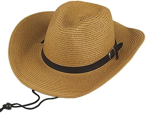HNBYFS Unisex Classic Straw Cowboy Hats Panama Western Sun Caps Fashion Cowgirl Beach Sun Hats With Wide Brim and Lanyard Khaki