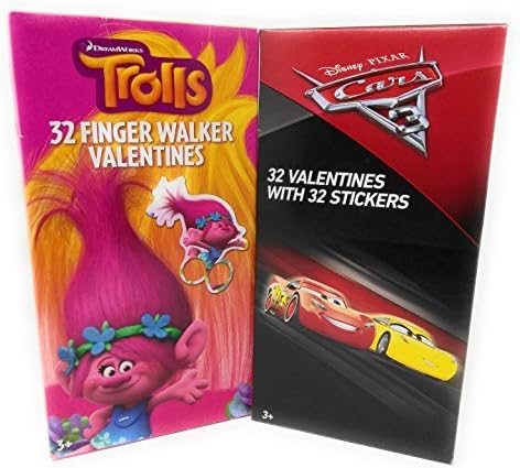 Happy Valentine's Day 32 Cards Trolls and Pixar Cars