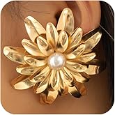 Vintage Gold Big Metal Flower Pearl Stud Earrings for Women Unique, Statement Exaggerated Large Floral Earring Silver Punk Bohemian Party Jewelry Gift