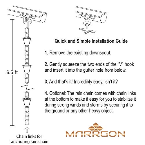 Marrgon Copper Rain Chain - Decorative Chimes & Cups Replace Gutter Downspout & Divert Water Away from Home for Stunning Fountain Display - 6.5' Long for Universal Fit - Flower Style